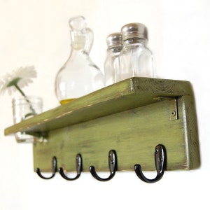 Key Hooks WOOD SHELF with jelly jar FOUR HOOK