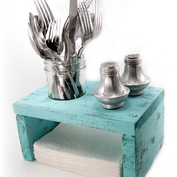 Napkin Holder wood primitive table organizer Light Turquoise IN STOCK