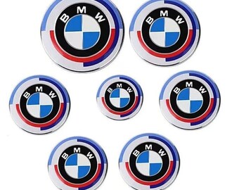 Emblema 7 LOGO BMW 50 Aniversario 82mm + Maletero 74mm + Volante + 4 tapacubos 68mm