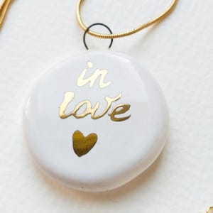 Handmade Ceramic Pendant &quot;In Love&quot; – White and Gold Necklace – Romantic Gift for Her – Ceramic Jewelry – Anniversary, Valentine&#39;s Day