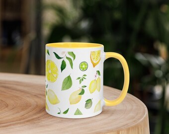 Lemon Pattern Mug: Ceramic Coffee Cup with Yellow Interior