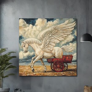 Pegasus Fantasy Leinwandkunst - Majestätisches geflügeltes Pferd mit rustikalem Warenkorb, verträumtes mythisches Dekor
