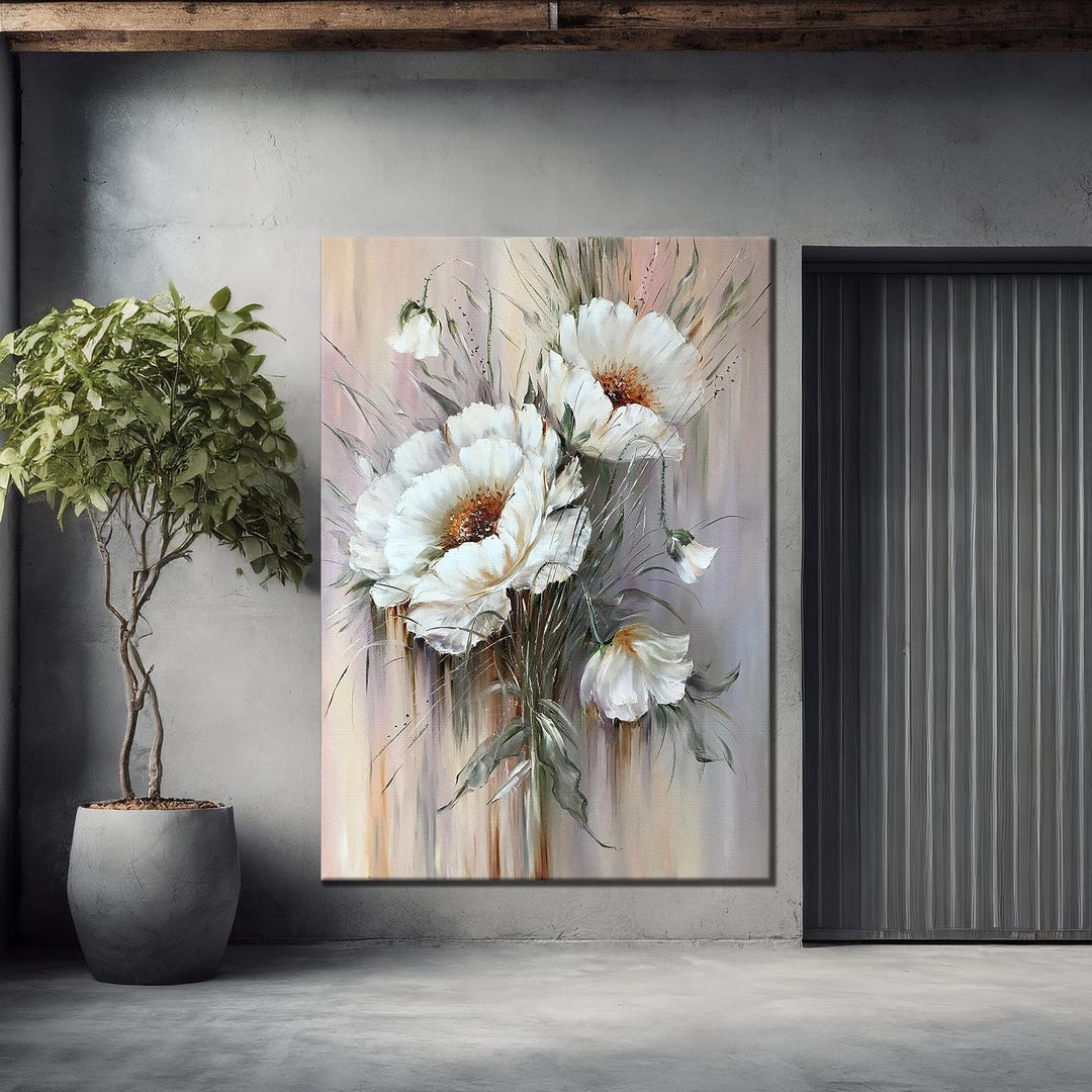 Large Flower Painting Abstract White Flowers Wall Art Contemporary ...