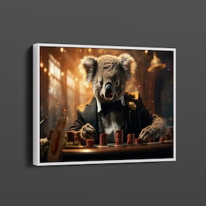Grillige dierenkunst van een koala die blackjack en poker speelt in een casinoomgeving – perfect voor het toevoegen van speelse charme aan elke ruimte