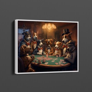 Divertente opera d'arte di cani che giocano a carte in una sala da casinò con un uomo e un cane - Arte generativa dell'intelligenza artificiale per un arredamento domestico giocoso e unico