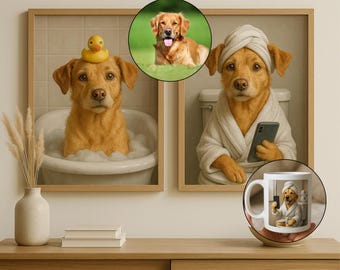 May include: Two framed illustrations of dogs. One dog is in a bath with a rubber duck on its head. The other dog is wearing a white robe and holding a smartphone. A white coffee mug with a dog illustration is in the foreground.