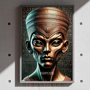 May include: Framed artwork featuring a stylized portrait of an Egyptian figure with a detailed headdress. The image has a metallic, bronze-like appearance with intricate details and hieroglyphic background. The word "EGIPCIOS" is at the bottom.