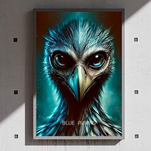 May include: A framed art print featuring a close-up of a blue avian creature with large, expressive eyes and a sharp beak. The artwork has a digital painting style with a teal and brown color palette. The text "BLUE AVIANS" is at the bottom.
