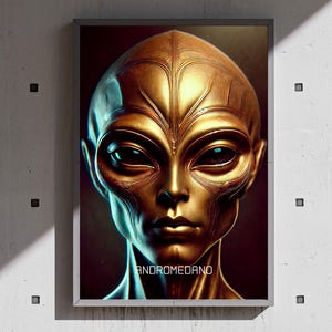 May include: A framed art print featuring a detailed, golden-toned alien portrait. The alien has large, dark eyes and intricate facial features. The artwork is set against a dark background with the text "ANDROMEDANO" at the bottom.