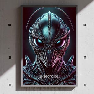 May include: A framed digital art print featuring a detailed, alien-like insectoid head. The artwork showcases a metallic, textured design with teal and purple highlights. The word "INSECTOIDE" is printed in white at the bottom.