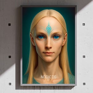 May include: Framed portrait of a person with long blonde hair and striking blue eyes. A teal design adorns the forehead. The image has a teal background and the word "NÓDICOS" is at the bottom.