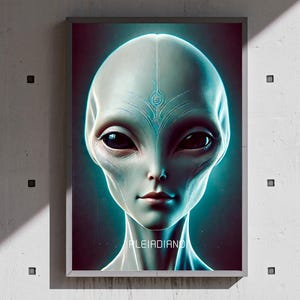 May include: A framed digital art print featuring a humanoid alien with a pale blue complexion, large black eyes, and a serene expression. The artwork has a teal and purple color scheme, with the word "ALEIADIANO" at the bottom.