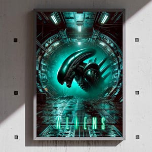 May include: A framed poster with a digital illustration of a Xenomorph from the film "Aliens." The creature is set in a futuristic, industrial environment, with the word "ALIENS" in neon green at the bottom. The colour scheme is dominated by teal and black.