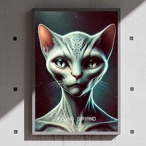 May include: A framed digital art print featuring a stylized alien cat portrait. The cat has pale skin, large eyes, and a serious expression. The artwork is signed "FEVINO SIRIANO" in white text at the bottom.