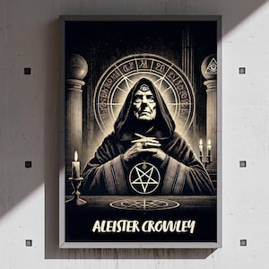 May include: A framed sepia print depicting a robed figure with a third eye, seated before a circular design with symbols. The print includes the text "ALEISTER CROWLEY" at the bottom, with candles and a pentagram visible.