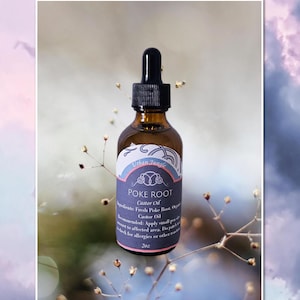 May include: A small amber glass bottle with a dropper top, labeled "Urban Jungle Poke Root Castor Oil". The label also lists the ingredients as "Fresh Poke Root, Organic Castor Oil".