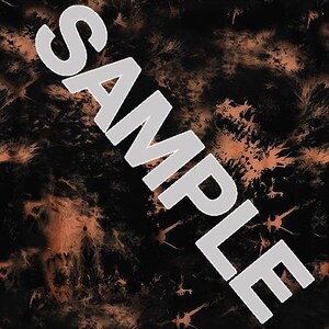 May include: Abstract black and orange tie-dye pattern. The pattern is reminiscent of a starry night sky with orange clouds.