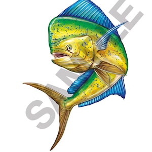 May include: A yellow and blue mahi-mahi fish with yellow spots jumping out of the water. The fish has a blue dorsal fin and a yellow tail.