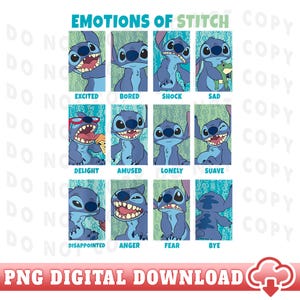 Paneles de Emociones de Stitch en Disneyland (PNG), Lilo y Stitch (PNG), Emociones de Stitch, Viaje a Disneyland, Viaje familiar a Magic Kingdom, Descarga digital