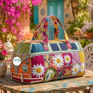 Patchwork Daisy Quilted Duffle Bag, Colorful Retro 70s Hippie Van Weekender Bag, Vibrant Boho Floral Travel Luggage, Groovy Overnight Bag