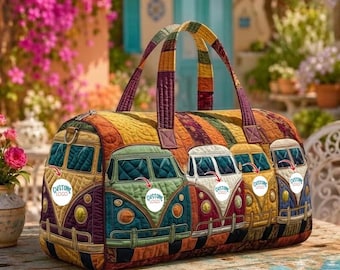 Custom Hippie Van Duffle Bag, Retro Psychedelic Travel Bag, Personalized Weekender Bag, Peace Sign Van Luggage, 70s Style Gift for Women
