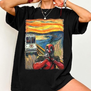 Maglietta Comfort Colors con Deadpool, grafica del personaggio di Deadpool, maglietta parodia di The Scream, parco a tema WDW Epcot, regalo per fan dell'MCU, regalo divertente a tema cinematografico per lui immagine 1