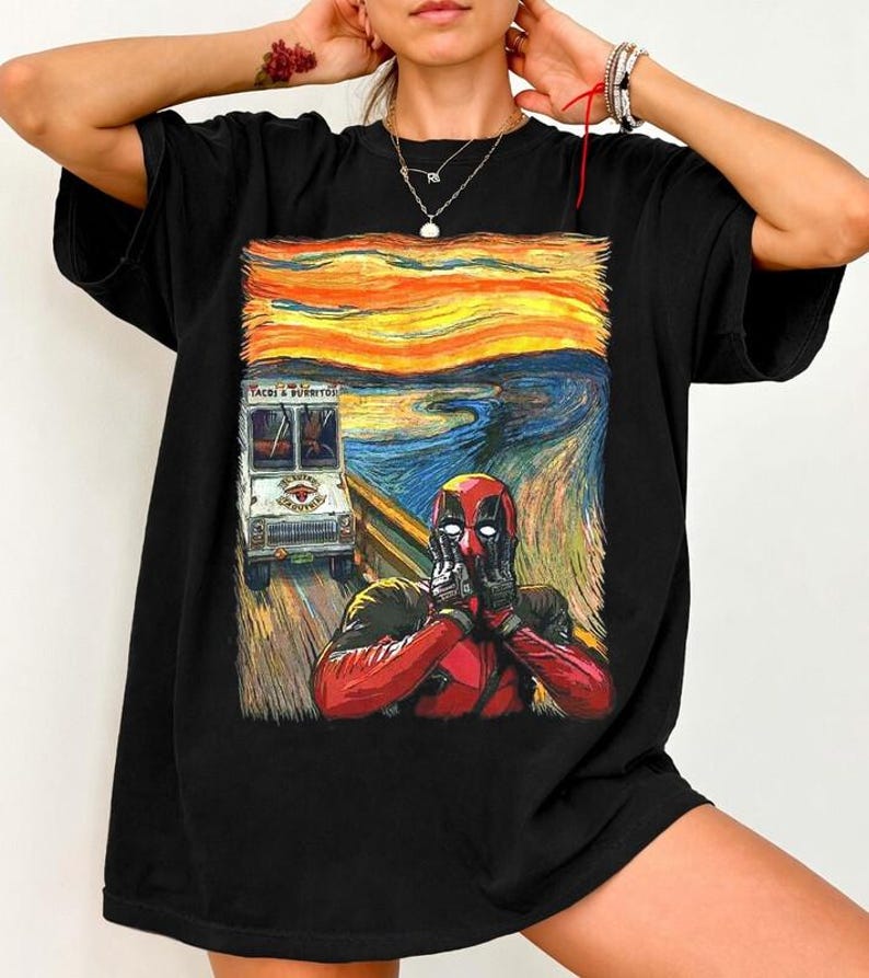 Maglietta Comfort Colors con Deadpool, grafica del personaggio di Deadpool, maglietta parodia di The Scream, parco a tema WDW Epcot, regalo per fan dell'MCU, regalo divertente a tema cinematografico per lui immagine 1