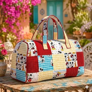 May include: A quilted duffel bag featuring a patchwork design of Mickey Mouse, Minnie Mouse, and Pluto characters. The bag includes red, yellow, and blue gingham squares, solid red panels, and two top handles with matching character patterns.