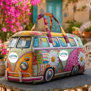 May include: A quilted duffel bag shaped like a vintage van, featuring a colorful patchwork pattern of yellow, pink, and green. The bag has two top handles, white daisy appliqués, and two circular white labels with the text CUSTOM LOGO.