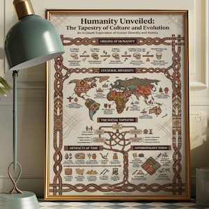 May include: A framed poster titled "Humanity Unveiled: The Tapestry of Culture and Evolution" with a gold frame. The poster features a world map and diagrams about human history and cultural diversity. A teal floor lamp with a gold accent is in the foreground.