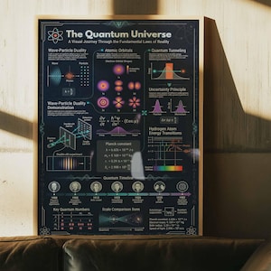 以下が含まれることがあります： 「The Quantum Universe」と題された、科学的な図とテキストが描かれた額入りのポスター。原子軌道、波動粒子二重性、その他の物理学の概念のイラストが特徴です。ポスターは革張りのソファの上にある壁に表示されています。