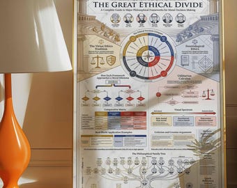 Philosophy Ethics Infographic Poster | Great Ethical Divide Wall Art | Aristotle Kant Virtue Deontology | Framed Canvas Print Student Decor