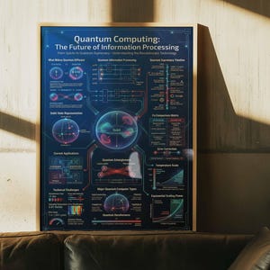May include: A framed poster titled "Quantum Computing: The Future of Information Processing" with detailed diagrams and text. The poster has a dark blue background with colourful illustrations and text, displayed above a brown leather couch.