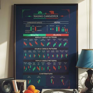 Può includere: Un poster incorniciato intitolato "TRADING CANDLESTICK" con uno sfondo blu scuro, che mostra modelli di candele in verde e rosso. Il poster è su una scrivania di legno con un giradischi, una lampada con un paralume blu e una ciotola di frutta.