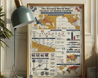 WWII Strategic Infographic Poster | WW2 History Wall Art | Military Map Print | Framed Canvas | History Buff Gift Decor