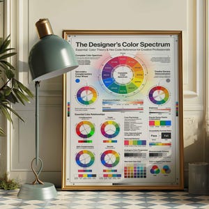 May include: A framed poster titled "The Designer's Color Spectrum" with a gold frame, displaying colour theory information. A teal floor lamp with a gold accent is positioned to the left. The poster is on a checkered floor.