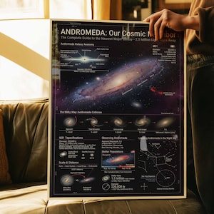 Puede incluir: Un póster enmarcado titulado "ANDRÓMEDA: Nuestro Vecino Cósmico" con información detallada sobre la Galaxia de Andrómeda. El póster incluye diagramas, ilustraciones y texto sobre la anatomía, especificaciones y escala de la galaxia.