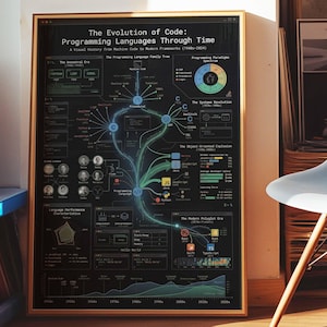 May include: A framed poster titled "The Evolution of Code: Programming Languages Through Time." The poster features a dark background with a visual history of programming languages, including C, JS, and others, with a timeline from 1948 to 2024.