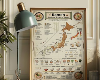 Ramen Regional Styles Japan Map Poster | Japanese Food Wall Art | Tonkotsu Guide Print | Kitchen Decor | Framed Canvas Gift