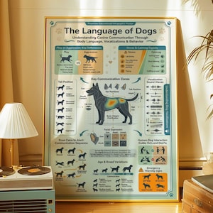 Puede incluir: Un póster enmarcado titulado "The Language of Dogs" con un marco dorado. El póster ilustra la comunicación canina a través del lenguaje corporal, las vocalizaciones y el comportamiento. Incluye diagramas de zonas clave de comunicación.