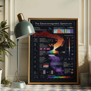 May include: A framed poster titled "The Electromagnetic Spectrum" with a gold frame, displaying a colorful diagram of the electromagnetic spectrum. A green floor lamp with a brass accent is in the foreground. The poster is on a checkered floor.