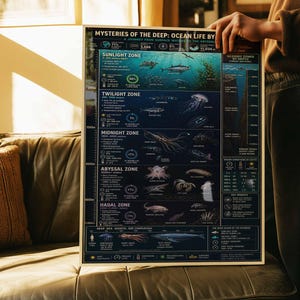 May include: A poster titled "Mysteries of the Deep: Ocean Life by Depth" displays a detailed infographic. The poster features illustrations of marine life and information about ocean zones, including the Sunlight, Twilight, Midnight, Abyssal, and Hadal zones.