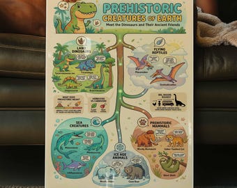 Dinosaur Poster for Kids | Cute Illustrated Prehistoric Animals | Educational Wall Art | Playroom Decor | Nursery Canvas Print