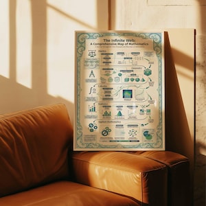 May include: A framed poster titled "The Infinite Web: A Comprehensive Map of Mathematics." The poster features a detailed diagram with sections on Algebra, Geometry, Calculus, Statistics, and Applied Mathematics, with teal and beige colors.