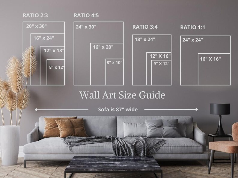 The image is a wall art size guide for wall art, providing dimensions for different sizes of wall art pieces. It includes a sofa, a coffee table, and other furniture items in a living room setting.