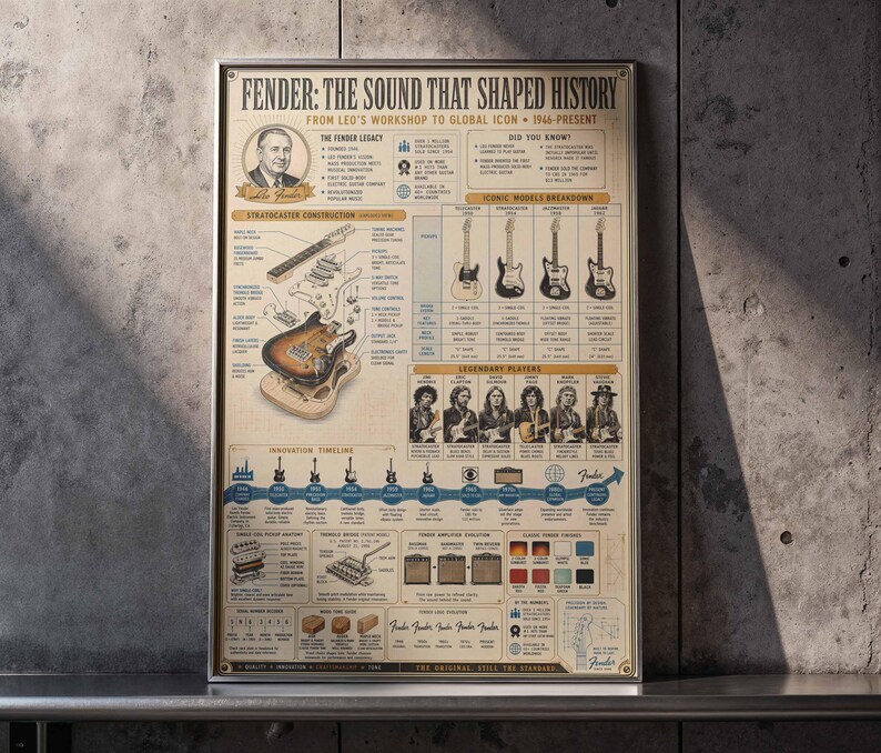 Vintage Fender Gitarren-Geschichte Poster | Synthetische Infografik Wandkunst | gerahmter Leinwanddruck | Musiker Gitarrist Geschenk Dekor Bild 7