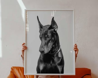 Doberman Portrait Art Print | Modern Black White Wall Decor | Framed Canvas Poster | Living Room Office Decor