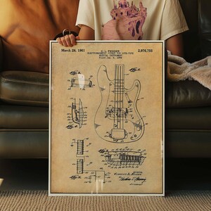 Póster de patente de guitarra Fender vintage / Arte mural de músico / Decoración retro del hogar / Lienzo enmarcado / Regalo para amantes de la música / Decoración de pared de guitarrista imagen 2