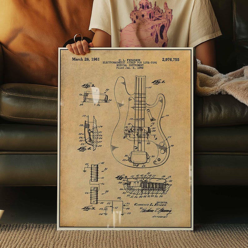 Póster de patente de guitarra Fender vintage / Arte mural de músico / Decoración retro del hogar / Lienzo enmarcado / Regalo para amantes de la música / Decoración de pared de guitarrista imagen 2