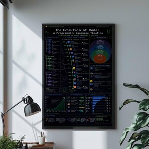 Poster sui linguaggi di programmazione / Infografica sull'evoluzione del codice / Decorazione murale per sviluppatori software / Stampa su tela incorniciata / Arredamento per ufficio tecnologico immagine 8